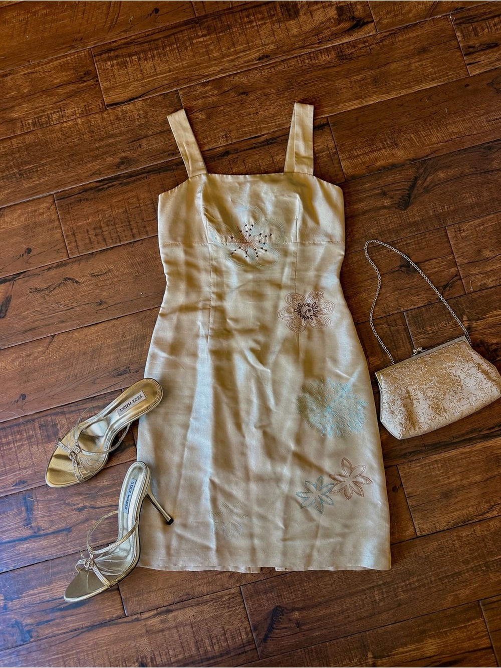 Y2K 100% Silk Embroidered Floral Midi Dress Champagne Gold Size 4